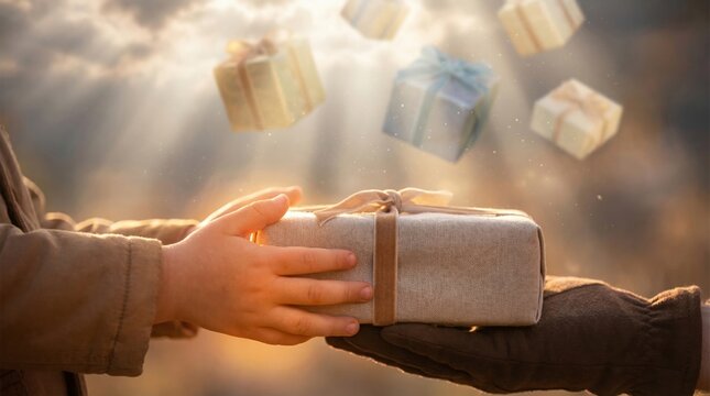 Child hands receiving gift from Jesus Christ. Religious concept of divine blessing and holy miracle. Spiritual grace and heavenly bounty represented by flying presents. Christmas celebration.