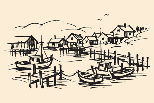 Fishing village harbor ink sketch vector illustration