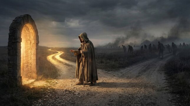 Jesus Christ standing before a glowing stone archway on a winding path. Man in a cloak choosing between light and darkness. Spiritual metaphor for faith, salvation, and divine guidance.