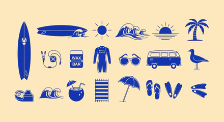 Summer Beach Vacation Icons: Surfboard, Van, Palm Tree, Waves, Sun, Cocktail © varla