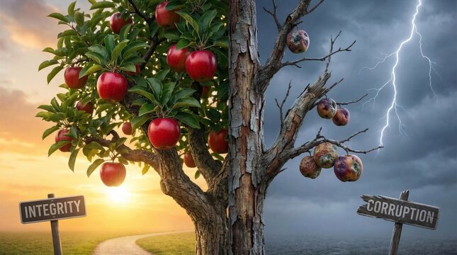 Apple tree split between life and death. Philosophical metaphor of integrity versus corruption. Religious concept of choice between good and evil, virtue and sin, salvation and judgment.
