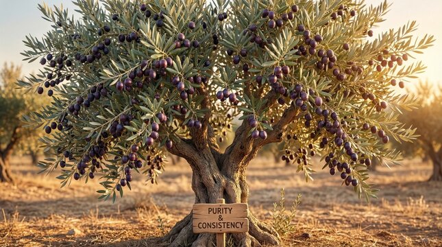 Olive tree loaded with ripe fruit in orchard at sunset. Symbolic representation of peace and biblical heritage. Religious concept of faith, harvest, purity and spiritual consistency.