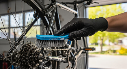 Fototapeta premium A gloved hand of a man fixing bike chain indoors using a stiff brush, perfect for technical cycling guides and repair blogs.