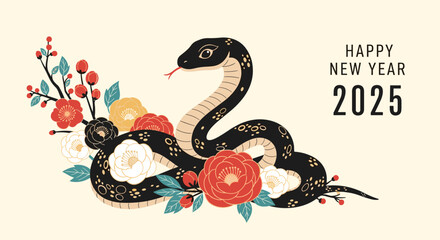 Obraz premium Artistic black snake decorated with beautiful blooming flowers for the Year of the Snake 2025 New Year greeting.