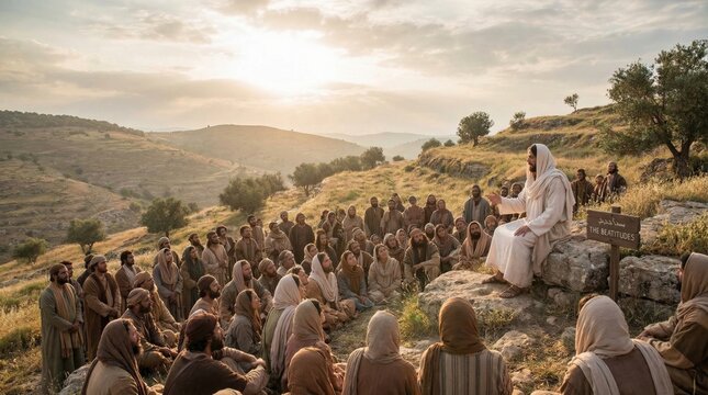 Jesus Christ teaching the beatitudes to a large group of people on a hillside. Religious scene of a prophet preaching to followers outdoors. Biblical event in historical landscape setting.
