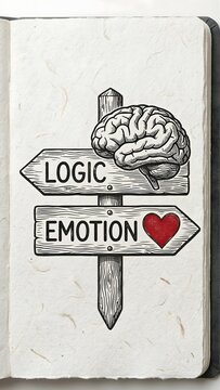 Illustration showing wooden signpost pointing toward logic with brain icon and toward emotion with red heart icon on textured paper background representing choice between rational and feeling state