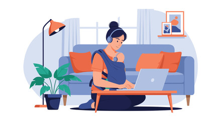Fototapeta premium Dedicated mother working on her laptop in the living room while carrying her sleeping baby in a blue baby sling.