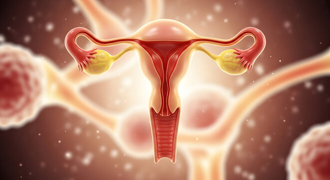 Detailed three dimensional rendering of the female reproductive system, including uterus, ovaries, and fallopian tubes