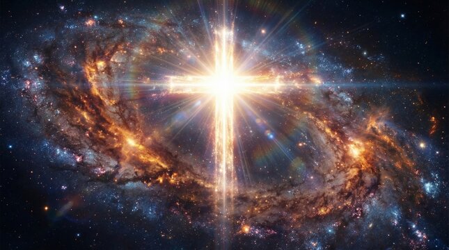 Shining cross of Jesus Christ floating in deep space galaxy. Religious divine light cosmic symbol. Resurrection and christianity faith concept. Easter spiritual enlightenment and glory.