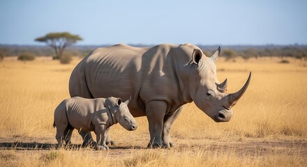 Fototapeta premium Mother and baby rhinoceros grazing in the savanna during daytime