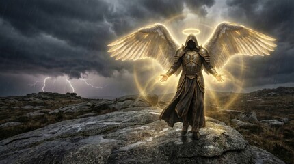 Naklejka premium Angel in armor standing on rock during thunderstorm. Divine warrior with glowing wings and halo providing protection. Religious art representing spiritual guardian and biblical power.
