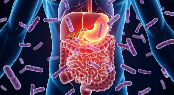 Detailed view of human digestive system organs, including liver and intestines, surrounded by beneficial gut bacteria inside a body