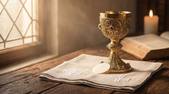 Golden chalice with sacred host on linen cloth. Catholic communion concept with bread and wine cup on wooden table. Religious worship and christian prayer liturgy at church altar.