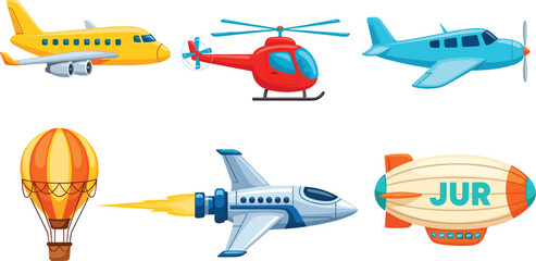 Set of Colorful Air Transportation Vehicles, Airplanes, Helicopter, Hot Air Balloon, Jet, and Zeppelin Illustrations for Travel and Aviation Concepts © MSTRazia