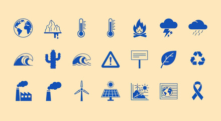 Fototapeta premium Climate Change Icons: Global Warming, Renewable Energy, Natural Disasters, Pollution