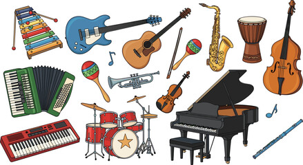 Collection of Musical Instruments, Guitars, Piano, Drums, Flute, Saxophone, Trumpet, Accordion, and Maracas, Colorful Music Instruments Set