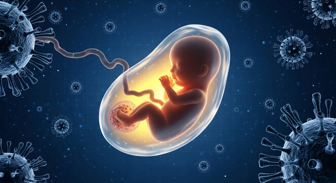Developing human fetus within an amniotic sac amidst surrounding microscopic virus particles