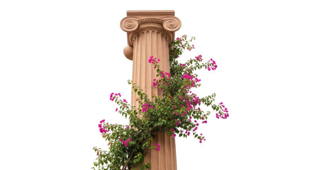 Ancient column with pink bougainvillea flowers isolated PNG, classical architecture with vibrant floral decoration on transparent background © Viktor
