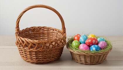 Isolated empty wicker basket and basket with colorful easter eggs
