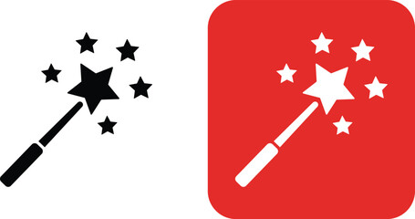 Black and white magic wand with stars on white background and red magic wand with stars on red background © Rehana