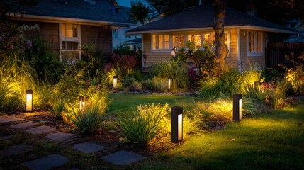 Obraz premium garden at night with warm lighting