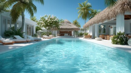 Fototapeta premium Tropical beach resort villa with coastal style, wooden elements and lush palm trees