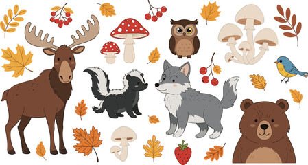 Obraz premium Autumn Forest Animals with Mushrooms and Leaves, Cute Wildlife Illustration Featuring Moose, Bear, Owl, and More
