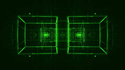 Fototapeta premium Futuristischer digitaler Raum - grün leuchtende Rechtecke in dynamischer Perspektive, virtuelle Realität, unendliche Möglichkeiten, Zukunftsvision, Technologie, Vernetzung, Sci-Fiction, Forschung 