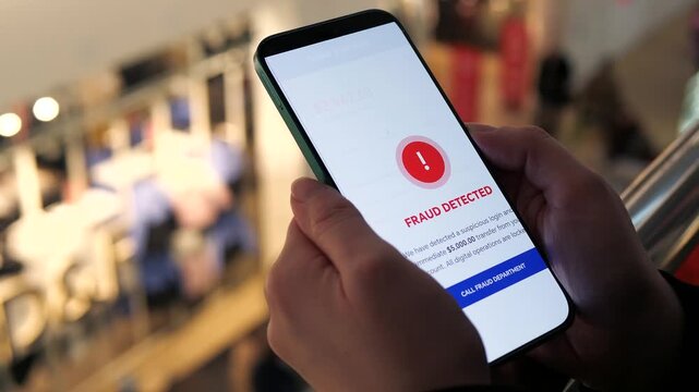 Essential footage of a mobile phishing scam sequence. A user receives a fake message, clicks a suspicious link, and triggers a Fraud Detected bank alert. Perfect for cybersecurity training, digital