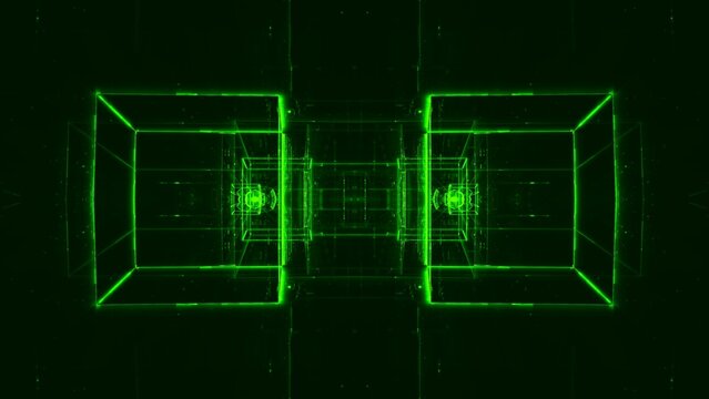 Futuristischer digitaler Raum - gr&uuml;n leuchtende Rechtecke in dynamischer Perspektive, virtuelle Realit&auml;t, unendliche M&ouml;glichkeiten, Zukunftsvision, Technologie, Vernetzung, Sci-Fiction, Forschung
