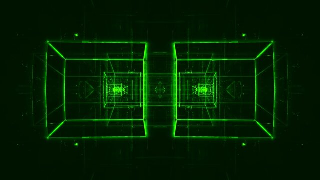 Futuristischer digitaler Raum - gr&uuml;n leuchtende Rechtecke in dynamischer Perspektive, virtuelle Realit&auml;t, unendliche M&ouml;glichkeiten, Zukunftsvision, Technologie, Vernetzung, Sci-Fiction, Forschung
