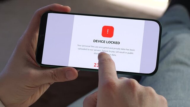 Close-up of a mobile device hacked by malware. UI displays locked device warning and data breach message. Perfect for IT security training, digital privacy ads, and internet safety content. High