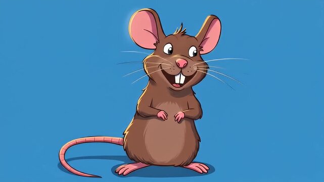 Cartoon drawing of a brown mouse standing on its hind legs with a bright blue background