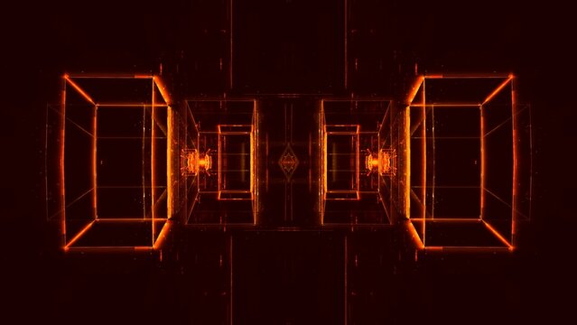 Futuristischer digitaler Raum - orange leuchtende Rechtecke in dynamischer Perspektive, virtuelle Realit&auml;t, unendliche M&ouml;glichkeiten, Zukunftsvision, Technologie, Vernetzung, Sci-Fiction, Forschung
