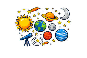 A colorful cartoon illustration of outer space featuring the sun, various planets like Earth and Saturn, a telescope, a crescent moon, and several bright stars on a black background. © Alan