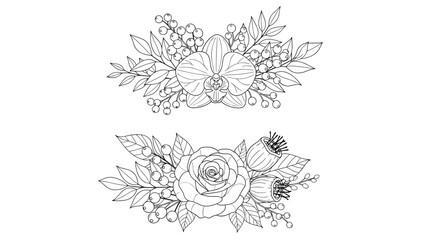 Obraz premium Two beautiful floral compositions feature orchids and roses in a minimalist line art style that is perfect for elegant graphic designs.