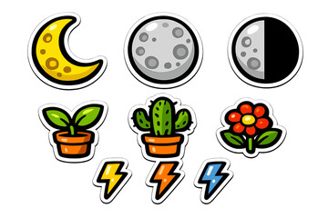 Naklejka premium A collection of cartoon stickers featuring various moon phases, potted plants like a cactus and sprout, a red flower, and colorful lightning bolts on a black background.