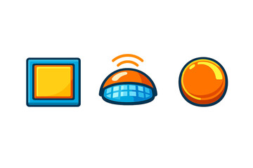 Three stylized digital icons featuring a square frame, a dome with signal waves, and a glossy sphere, all rendered in vibrant orange and blue colors against a black background. © Mark