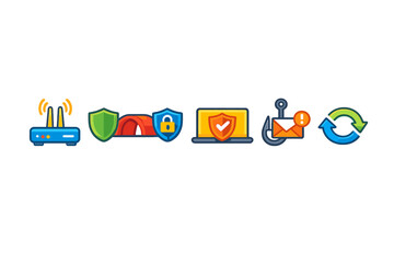 A collection of five colorful cybersecurity icons on a black background, including a router, a secure tunnel, a protected laptop, a phishing alert, and a sync symbol.