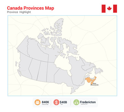 Canada provinces map highlighting new brunswick province location and statistics