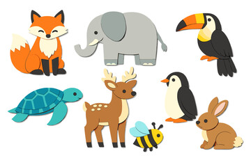 Fototapeta premium A collection of eight cute animal illustrations in a layered paper-cut style, featuring a fox, elephant, toucan, turtle, deer, penguin, bee, and rabbit on a solid black background.