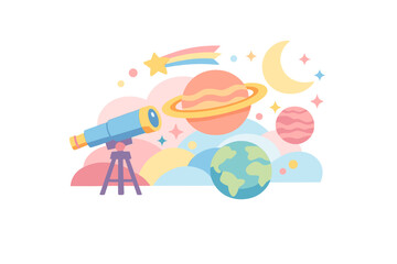 A colorful flat illustration featuring a telescope, planets like Earth and Saturn, a crescent moon, and a shooting star set against soft clouds in a dark space background. © Alan