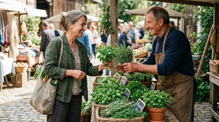 Fototapeta premium Mature woman smiling and buying fresh herbs from elderly male vendor at outdoor farmers market on sunny day