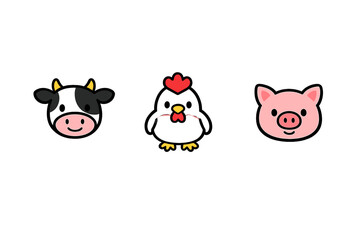 Fototapeta premium This cute vector illustration displays the faces of a cow, a chicken, and a pig. The farm animals are designed in a simple, friendly style and set against a dark background.