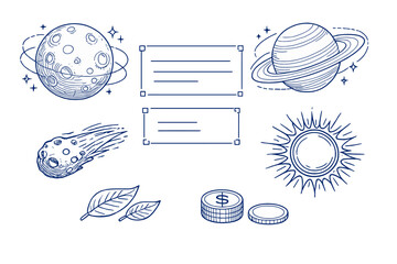 A collection of hand-drawn blue line art illustrations featuring celestial bodies like the moon, Saturn, a sun, and a comet, alongside leaves, coins, and text boxes on a black background. © Alan
