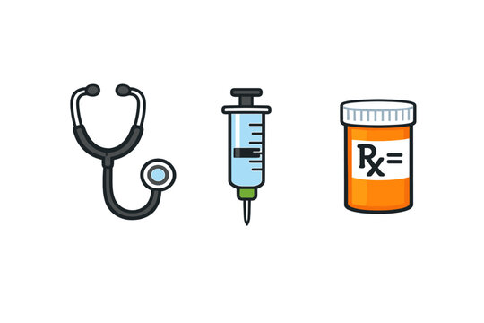 A flat vector illustration featuring a black stethoscope, a medical syringe with a needle, and an orange prescription pill bottle with an Rx label on a solid black background.