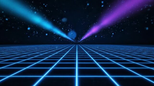 Vibrant neon grid perspective with diverging light beams in a futuristic digital space, creating an immersive retro-wave background