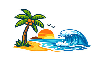 Obraz premium A vibrant cartoon illustration of a tropical beach featuring a palm tree with coconuts, a large blue ocean wave, a golden sandy shore, and a setting sun in the background.