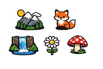 Fototapeta premium A collection of five nature-themed stickers featuring a cute fox, snow-capped mountains under a sun, a flowing waterfall, a white daisy flower, and a red spotted mushroom on a black background.