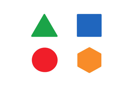 A collection of four colorful geometric shapes including a green triangle, blue square, red circle, and orange hexagon arranged in a grid on a dark black background with vertical lines.